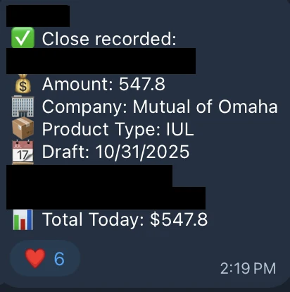 Redacted IUL sale posted in an agency sales chat