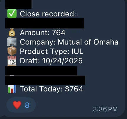 Redacted IUL sale posted in an agency sales chat