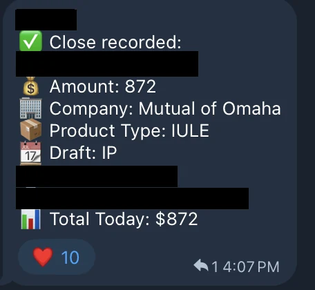 Redacted IUL sale posted in an agency sales chat