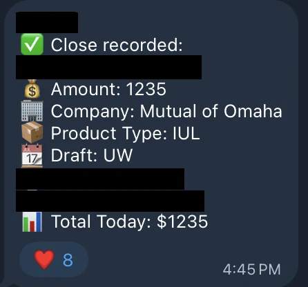 Redacted IUL sale posted in an agency sales chat