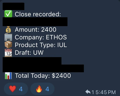 Redacted IUL sale posted in an agency sales chat