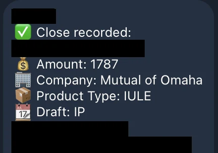 Redacted IUL sale posted in an agency sales chat