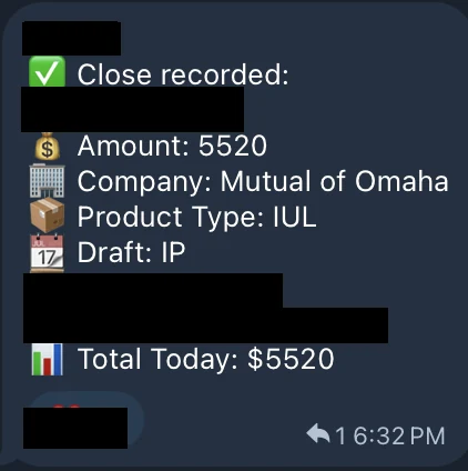 Redacted IUL sale posted in an agency sales chat