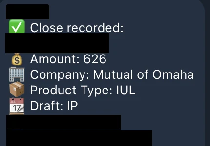Redacted IUL sale posted in an agency sales chat