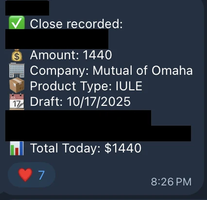 Redacted IUL sale posted in an agency sales chat