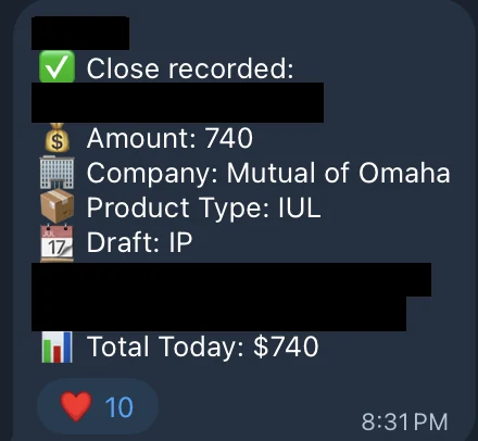 Redacted IUL sale posted in an agency sales chat