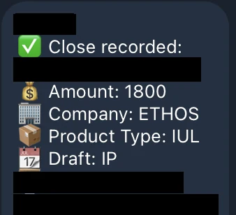 Redacted IUL sale posted in an agency sales chat