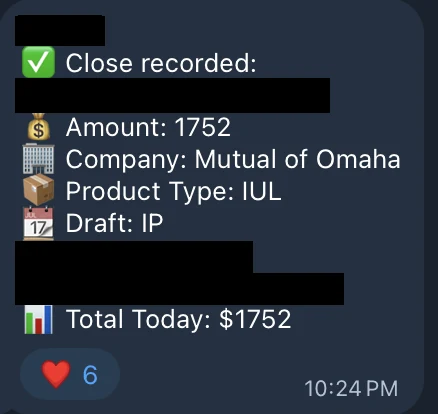 Redacted IUL sale posted in an agency sales chat