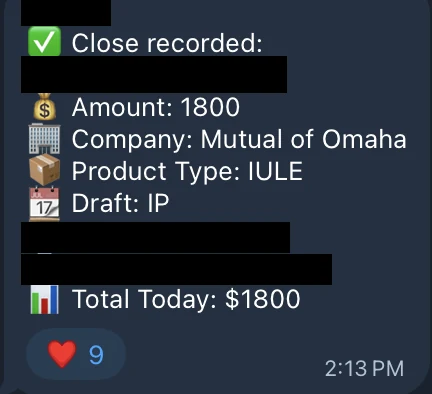 Redacted IUL sale posted in an agency sales chat