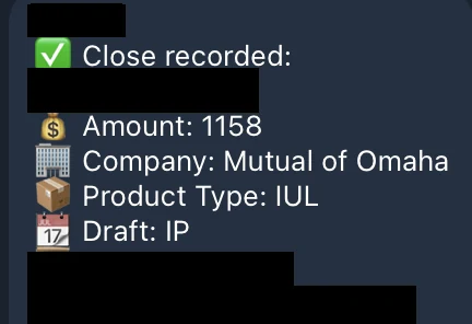 Redacted IUL sale posted in an agency sales chat