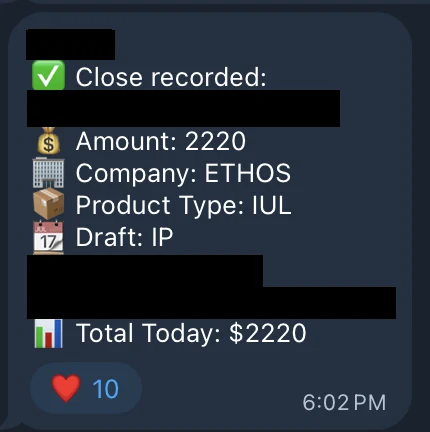 Redacted IUL sale posted in an agency sales chat