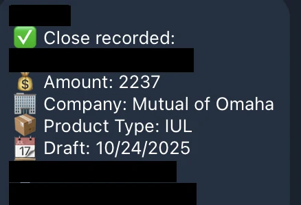 Redacted IUL sale posted in an agency sales chat