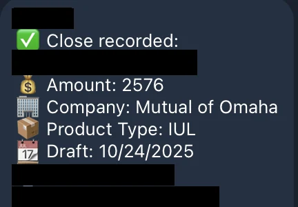 Redacted IUL sale posted in an agency sales chat