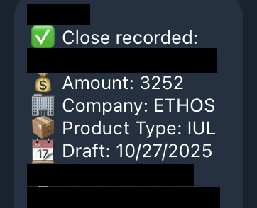 Redacted IUL sale posted in an agency sales chat