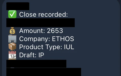 Redacted IUL sale posted in an agency sales chat