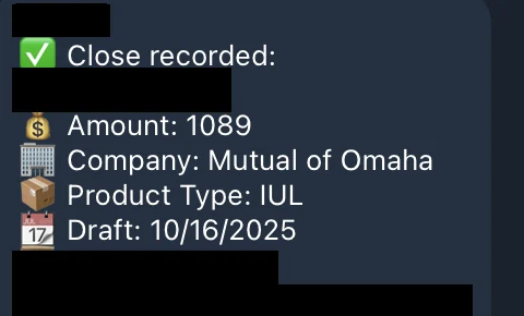 Redacted IUL sale posted in an agency sales chat