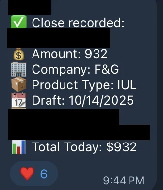 Redacted IUL sale posted in an agency sales chat