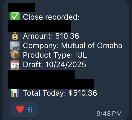 Redacted IUL sale posted in an agency sales chat