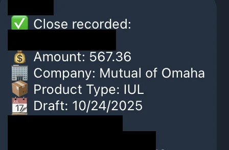 Redacted IUL sale posted in an agency sales chat