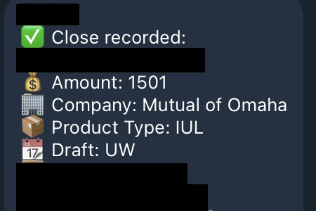 Redacted IUL sale posted in an agency sales chat