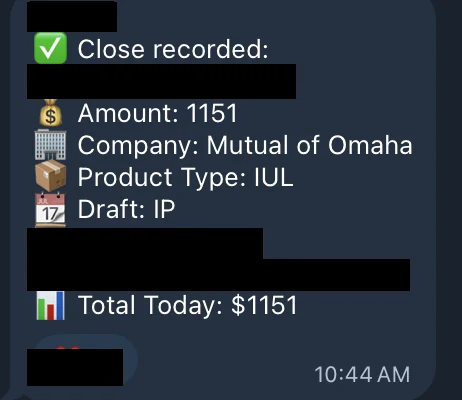 Redacted IUL sale posted in an agency sales chat