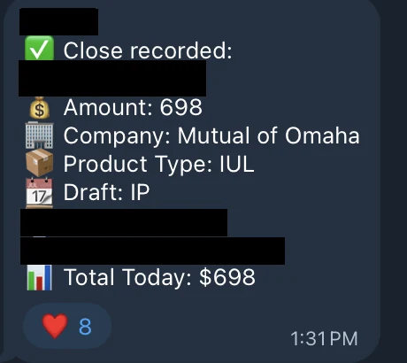 Redacted IUL sale posted in an agency sales chat
